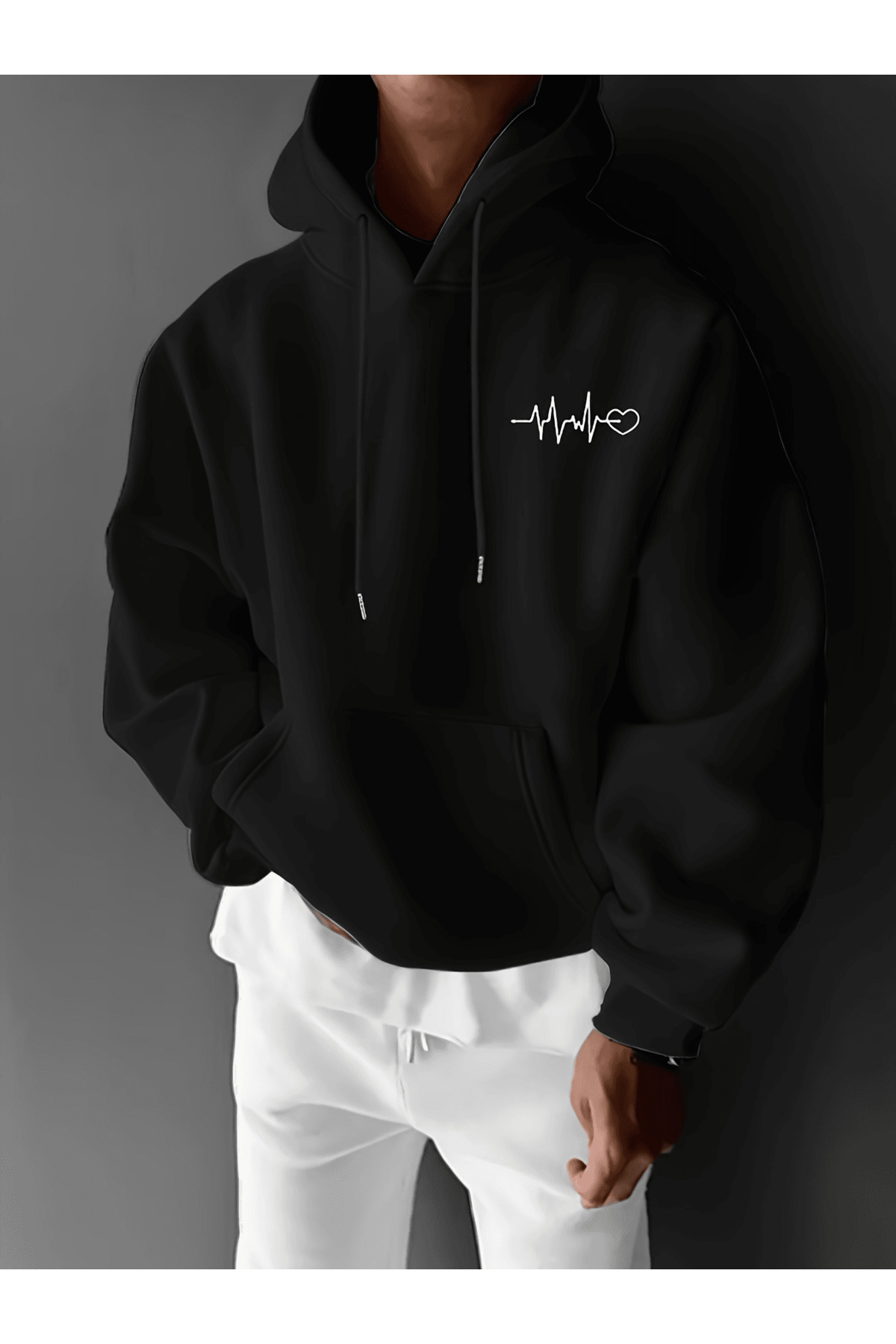 Unisex Oversize Kapüşonlu Sweatshirt Kalp Ritmi Desenli - Siyah