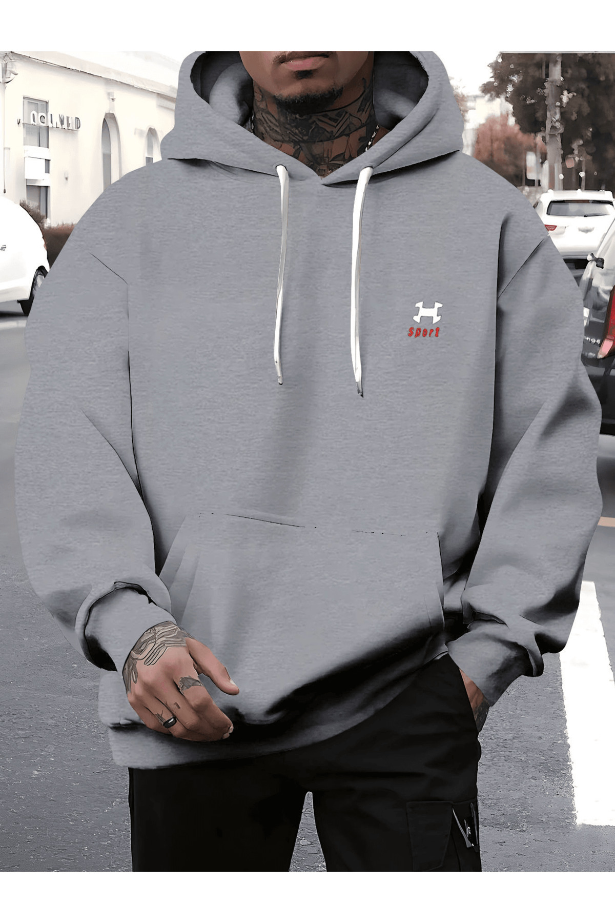 Unisex Oversize Kapüşonlu Sweatshirt Sport Logo Desenli - Gri