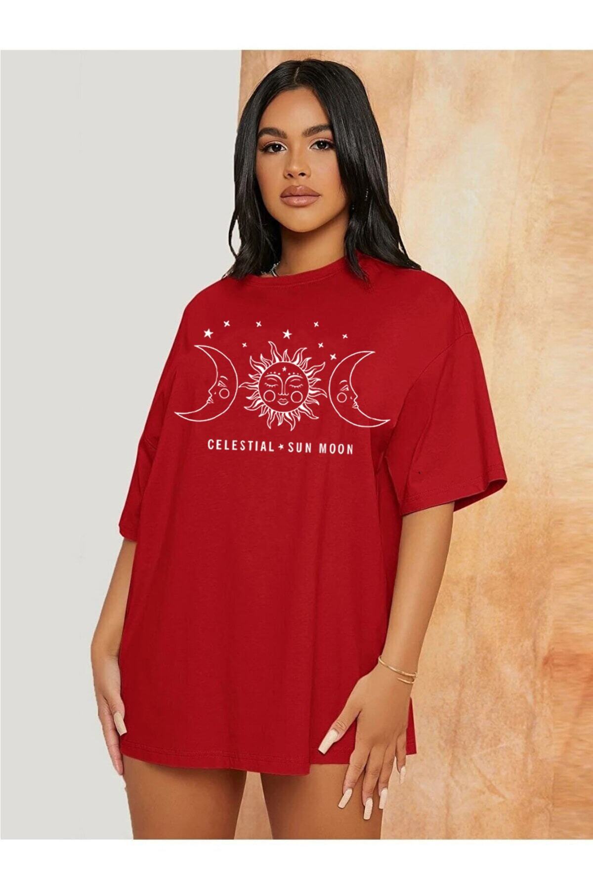 Oversize Tshirt Güneş Ay Baskılı - Kırmızı