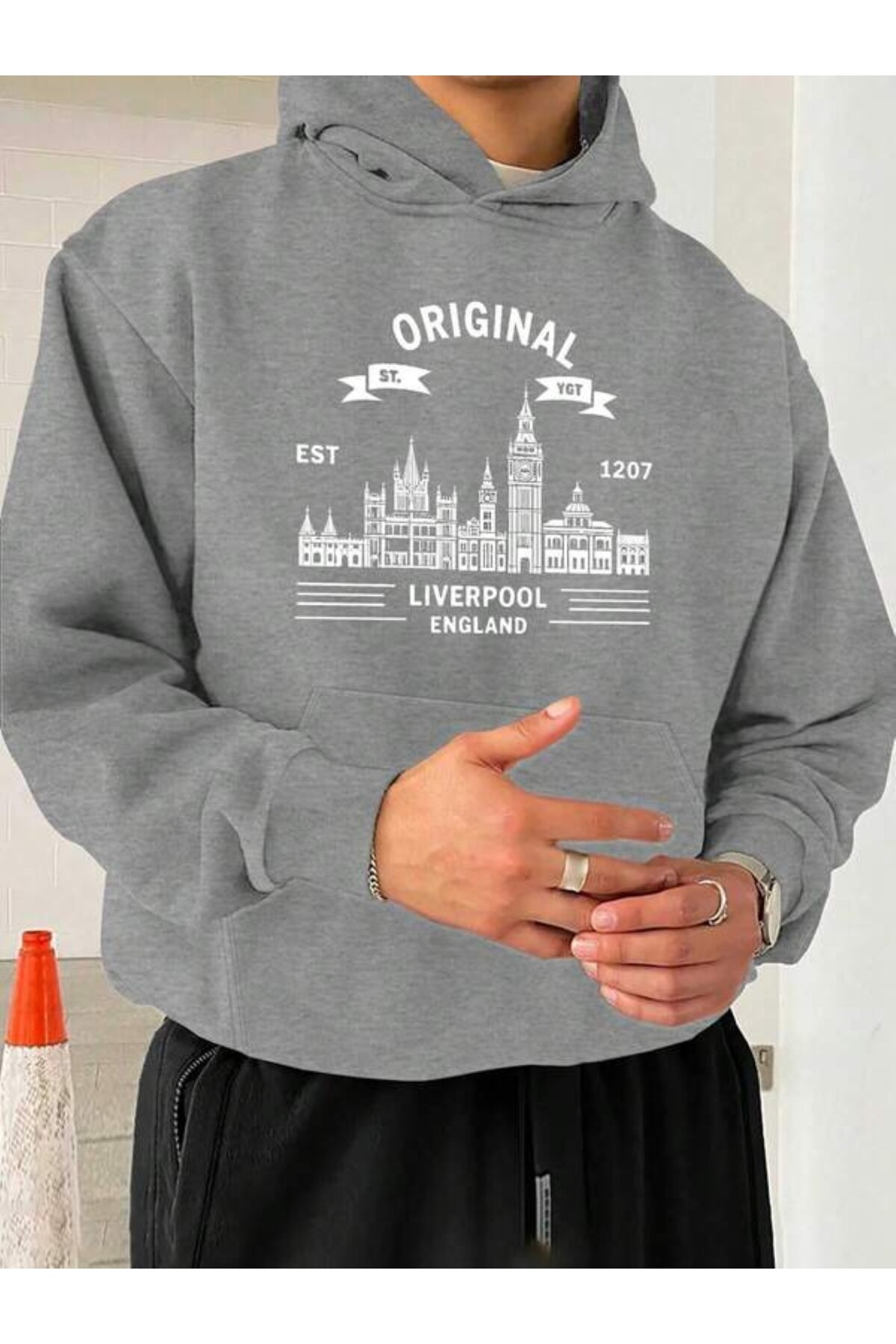 Skyline Baskılı Unisex Hoodie - Gri