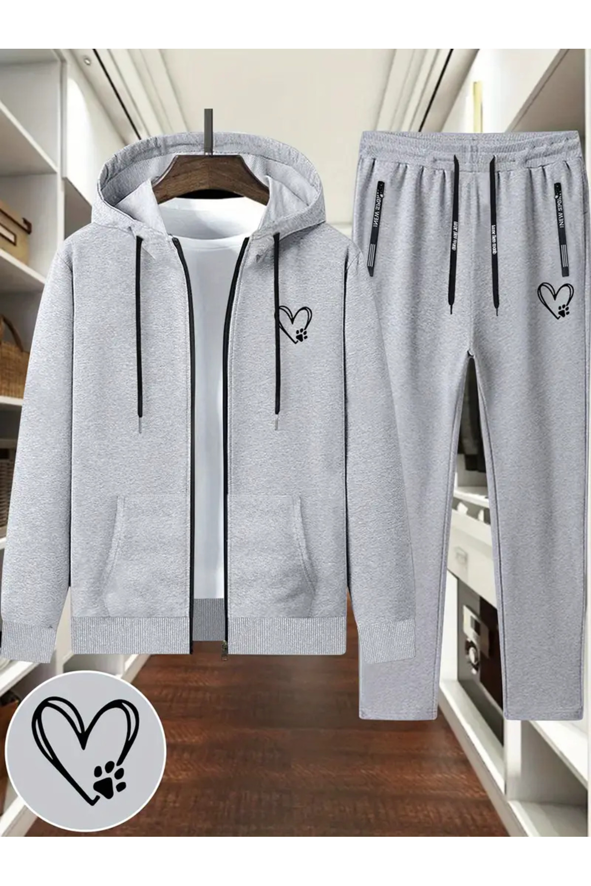 Unisex Oversize Heart & Paw Kapüşonlu Fermuarlı Sweat + Jogger Eşofman Takımı - Gri