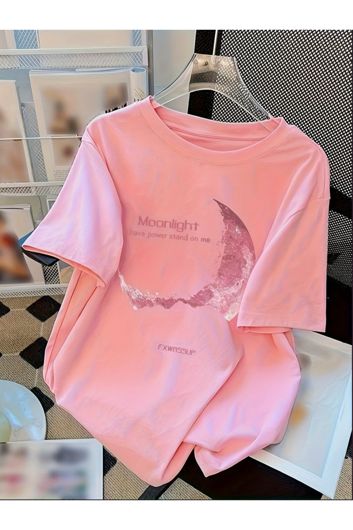 KELEBEK Baskılı Oversize Bisiklet Yaka T-Shirt - Pembe