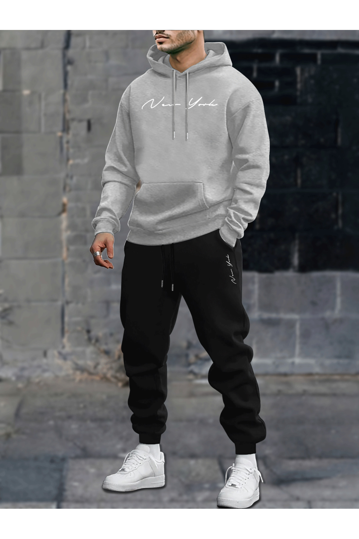 Unisex Oversize New York Yazılı Hoodie & Jogger Eşofman Altı Takımı - Gri