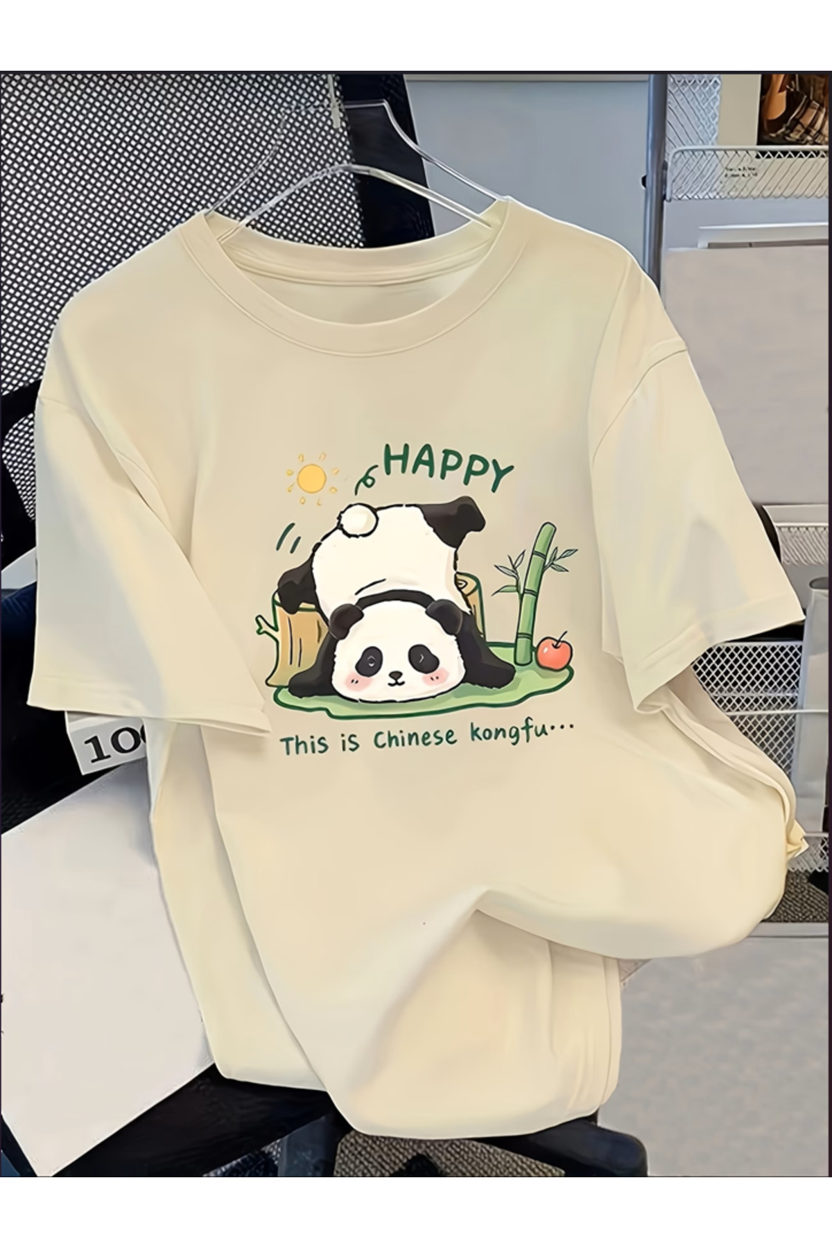 HAPPY Baskılı Oversize Bisiklet Yaka T-Shirt - Bej