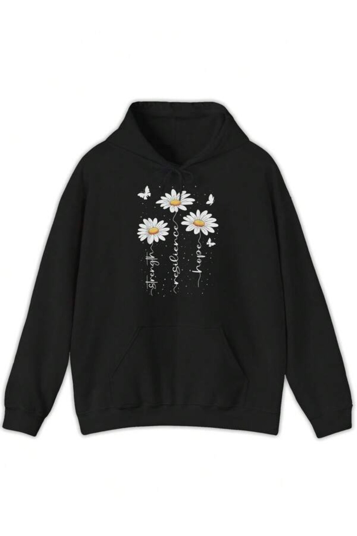 Papatya Baskılı Unisex Kapüşonlu Sweatshirt - Siyah