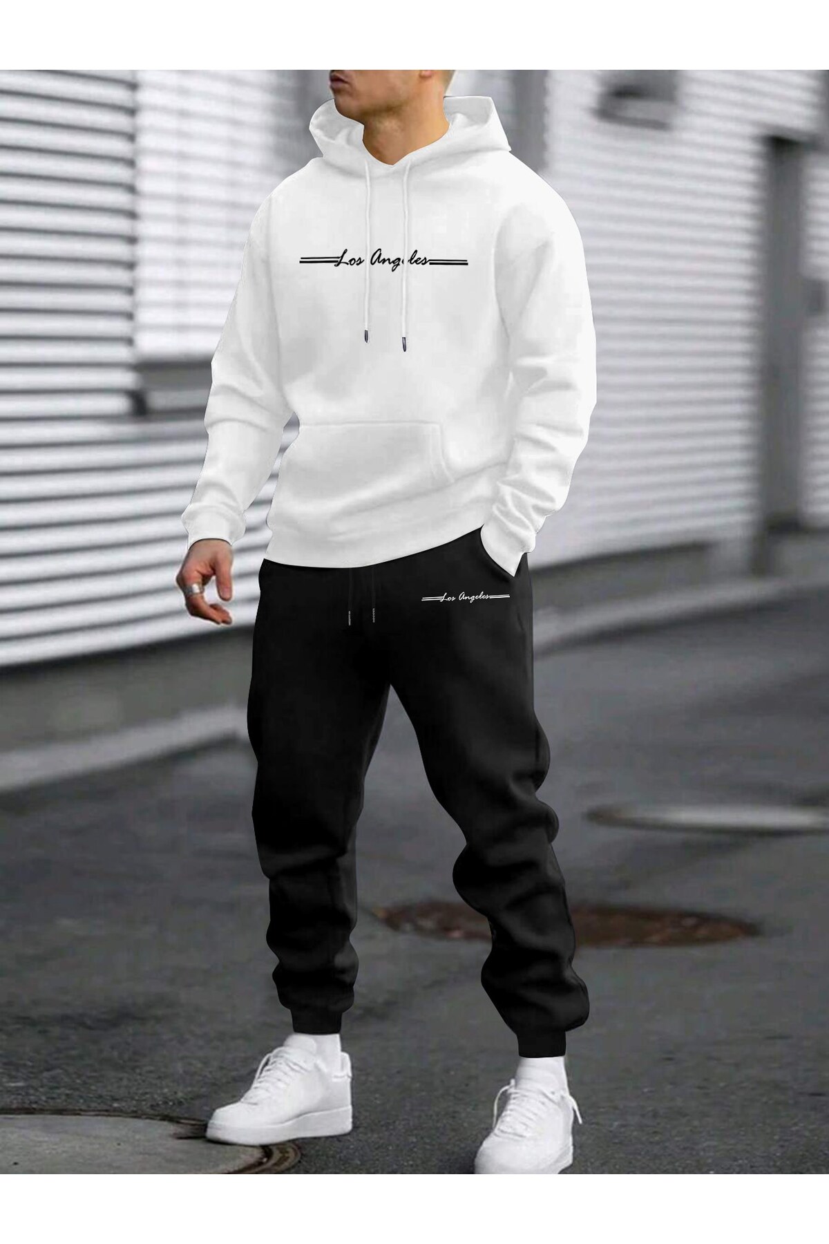 Unisex Oversize Los Angeles Hoodie & Jogger Eşofman Altı Takımı - Beyaz