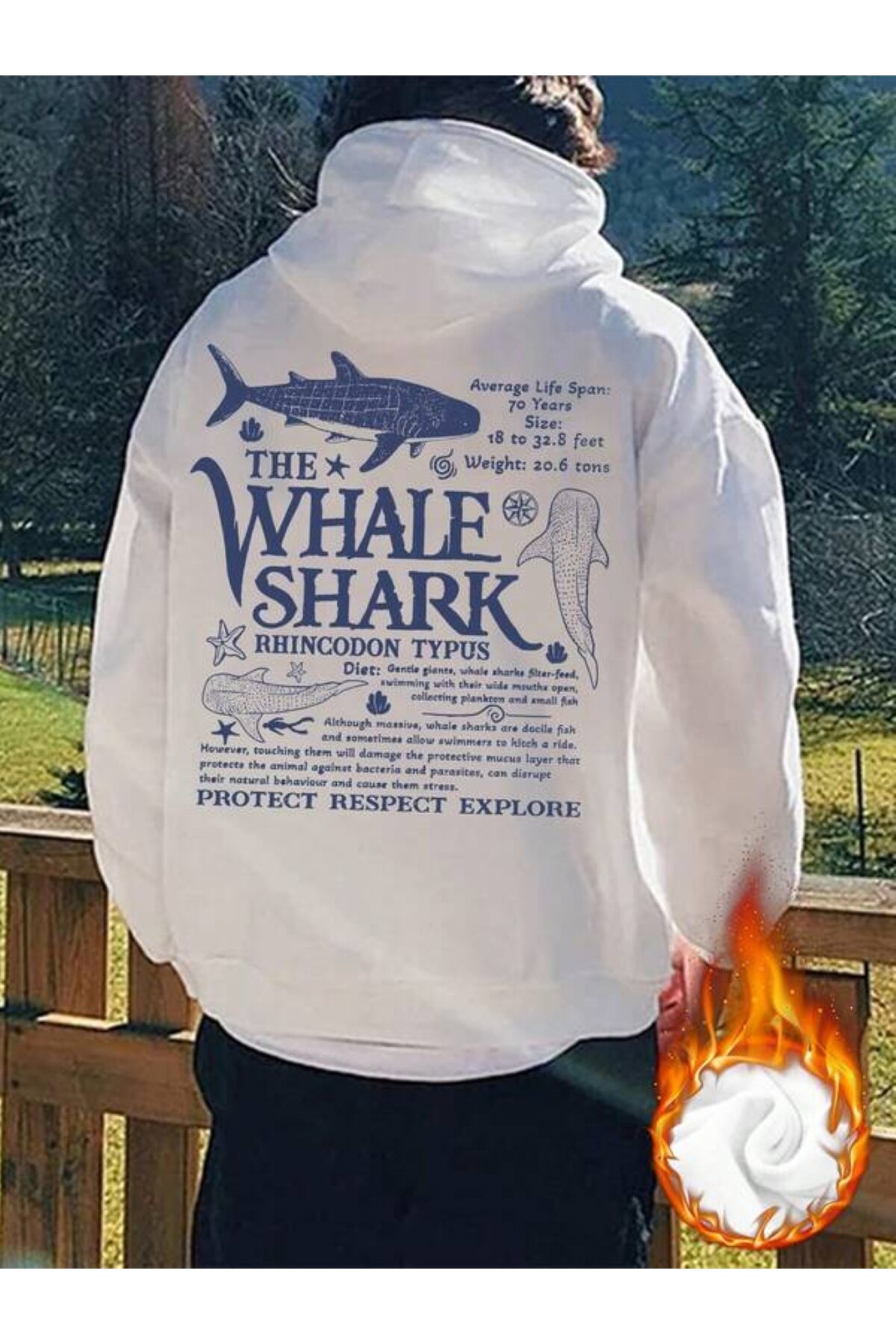 Whale Shark Baskılı Unisex Hoodie - Beyaz