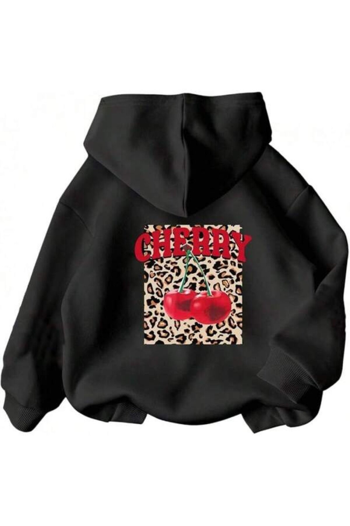 Vişne Leopar Baskılı Unisex Kapüşonlu Sweatshirt - Siyah