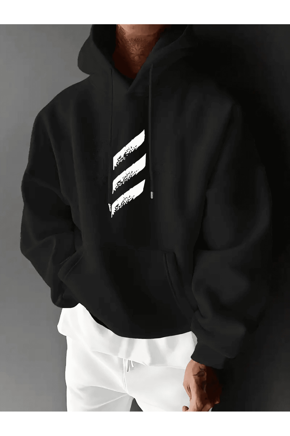 Unisex Oversize Kapüşonlu Sweatshirt Üç Çizgi Desenli - Siyah