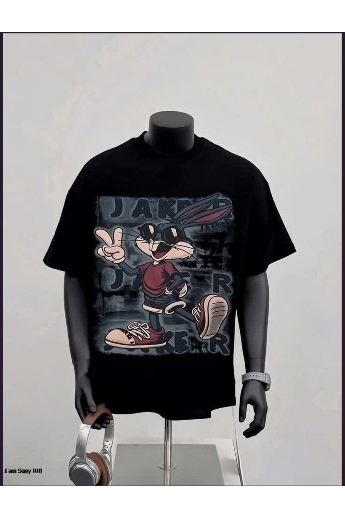 Unisex Oversize Baskılı Pamuklu Bisiklet Yaka Kısa Kollu T-shirt - Siyah