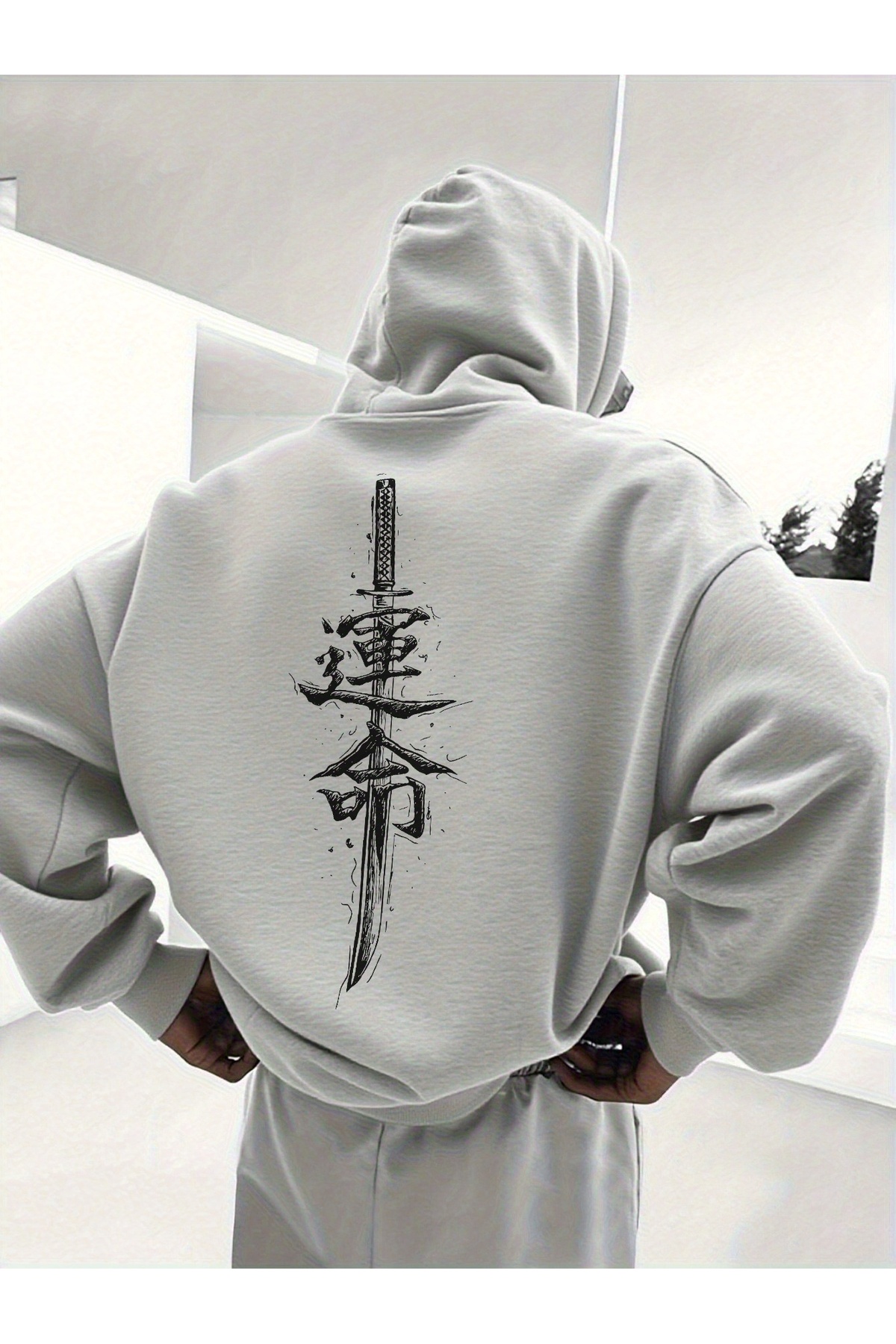 Katana Baskılı Unisex Siyah Oversize Kapüşonlu Sweatshirt Hoodie - Gri