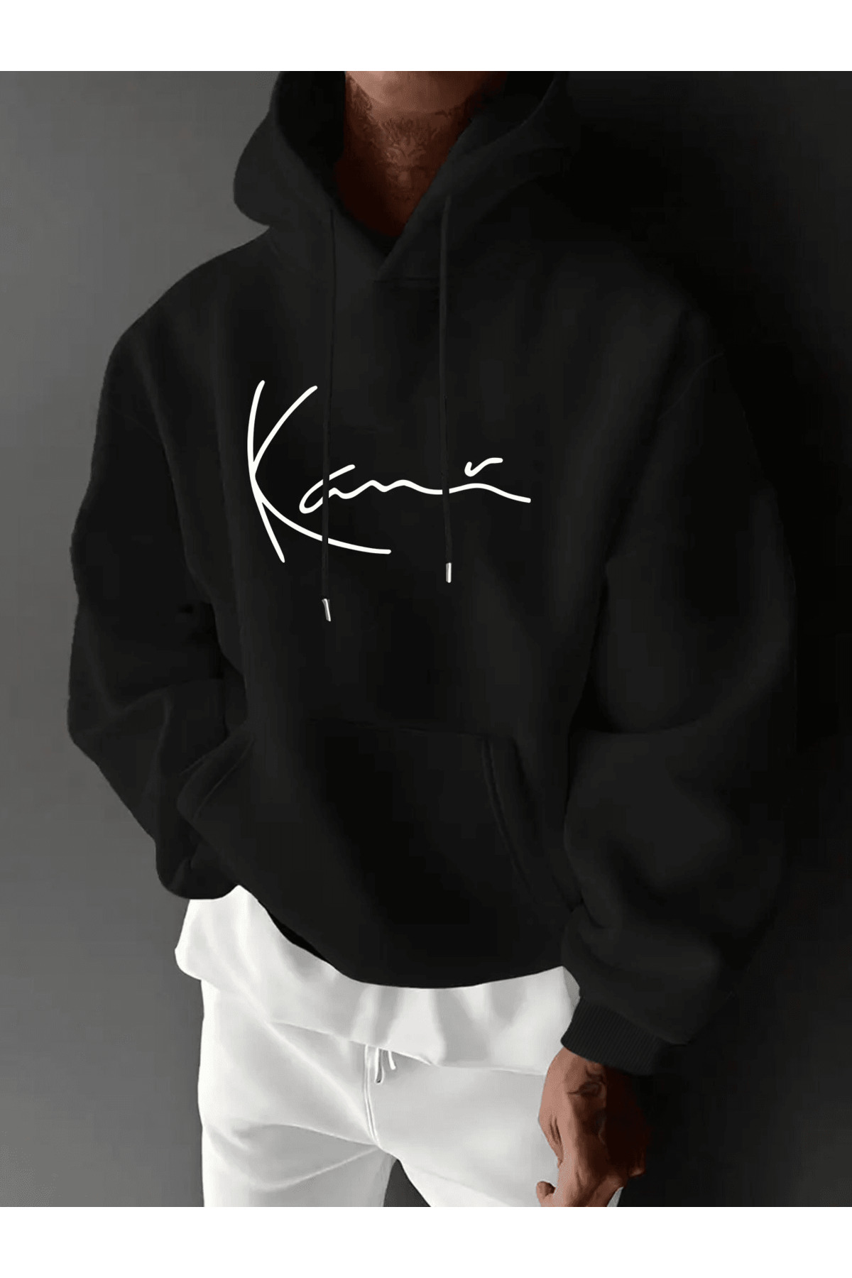 Unisex Oversize Kapüşonlu Sweatshirt Kame Yazılı - Siyah