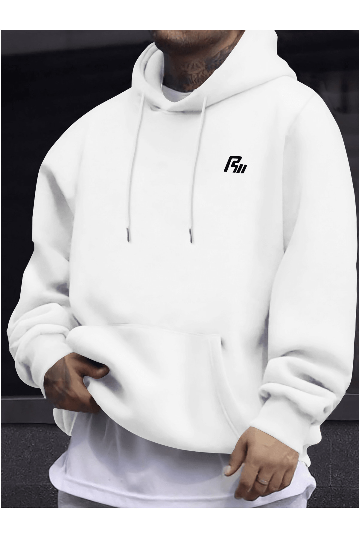 Unisex Oversize Kapüşonlu Sweatshirt Minimal Logo Desenli - Beyaz