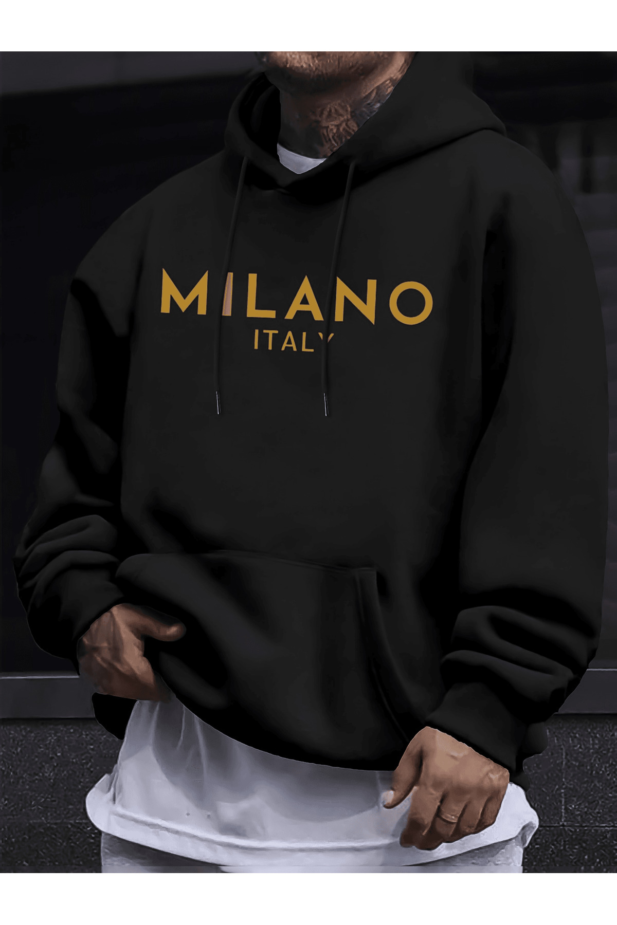 Unisex Oversize Kapüşonlu Sweatshirt Milano Italy Yazılı - Siyah