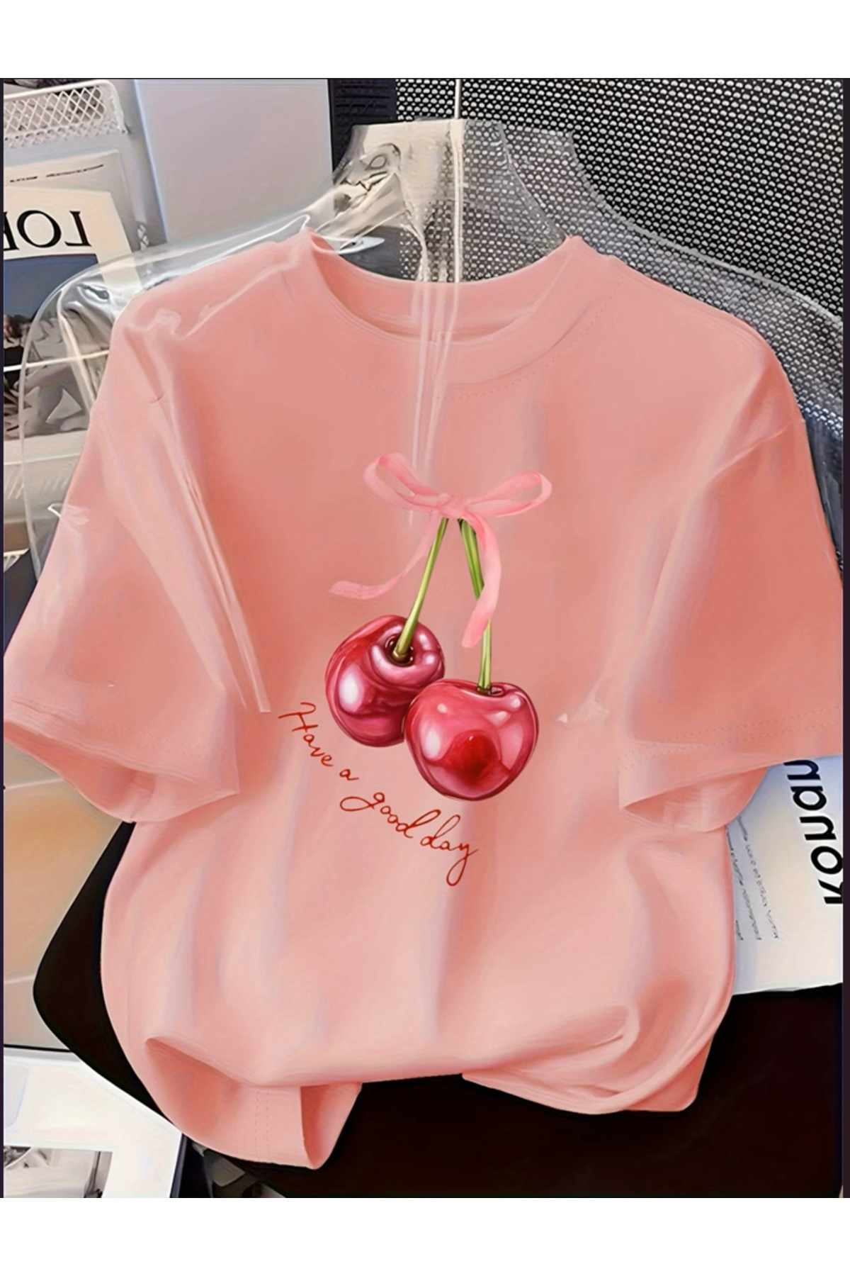 Özel Baskılı Oversize Bisiklet Yaka T-Shirt - Pembe