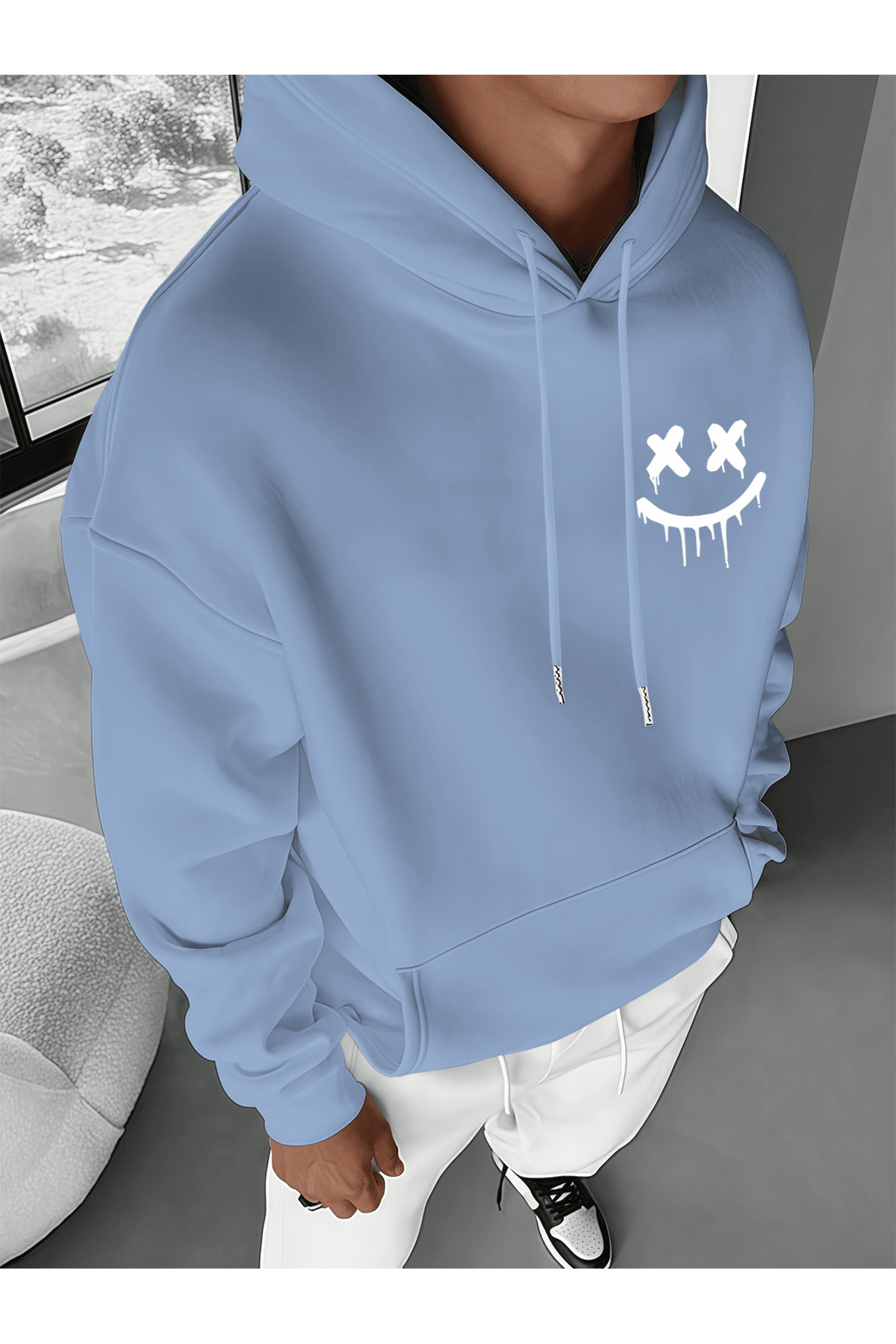 Unisex Oversize Kapüşonlu Sweatshirt Smile Face Desenli - Mavi