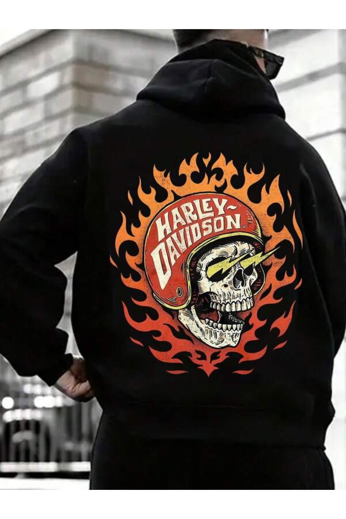 Alevli Kafatası Baskılı Unisex Kapüşonlu Sweatshirt - Siyah