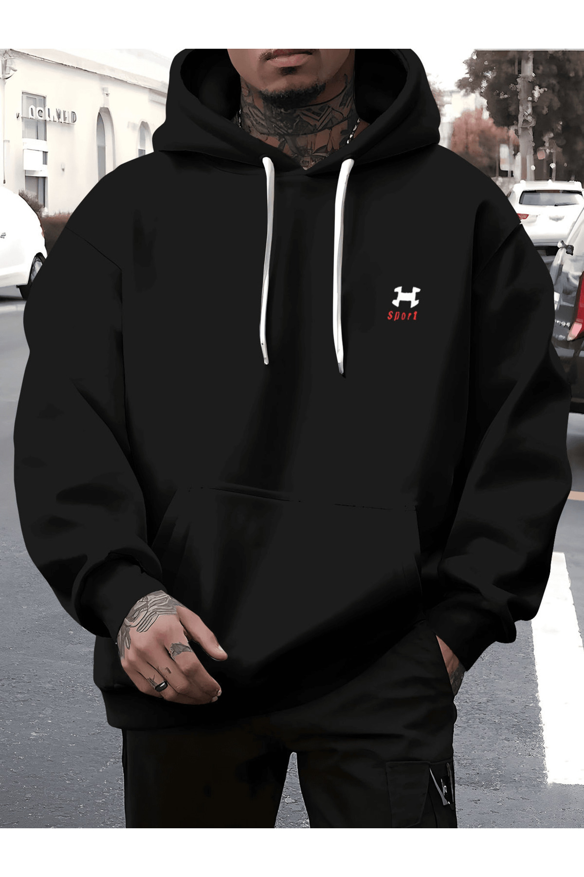 Unisex Oversize Kapüşonlu Sweatshirt Sport Logo Desenli - Siyah