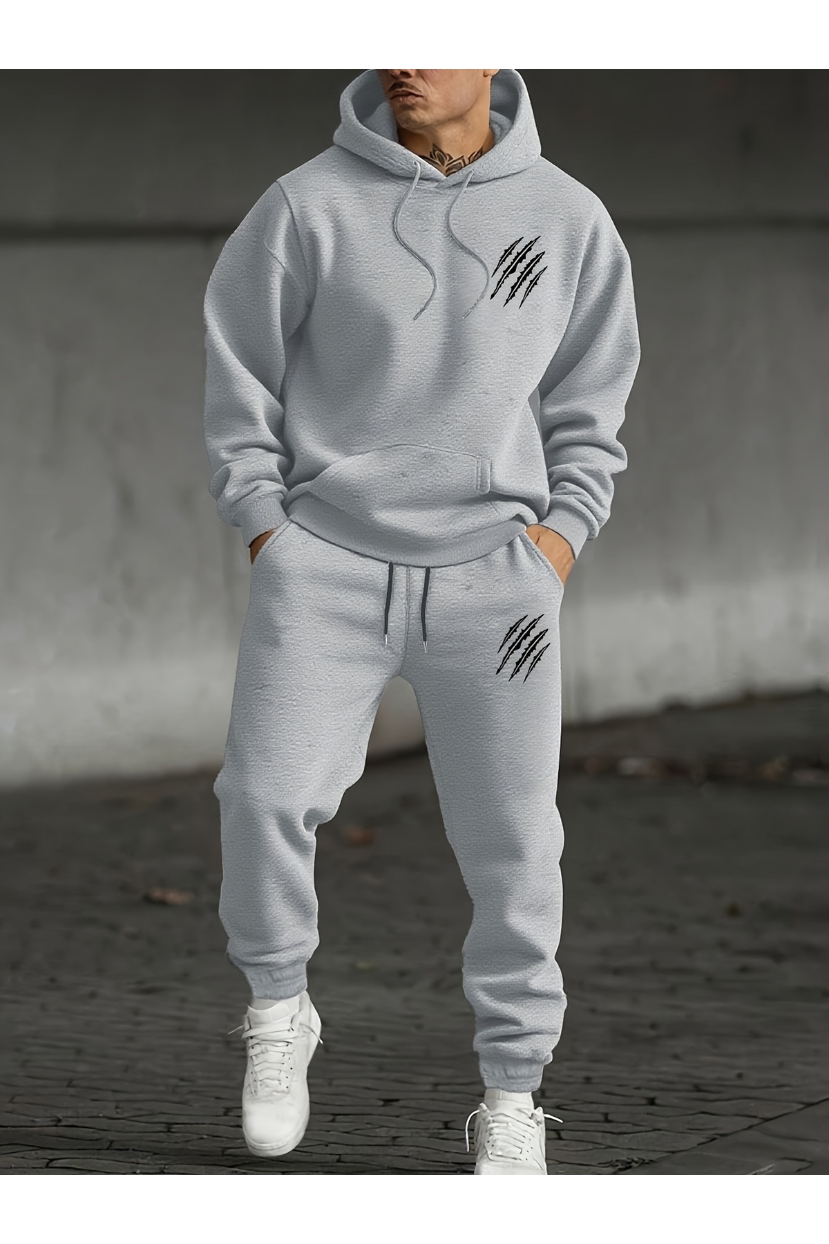 Unisex Oversize Kapüşonlu Hoodie & Jogger Eşofman Altı Takımı Pençe Desenli - Gri