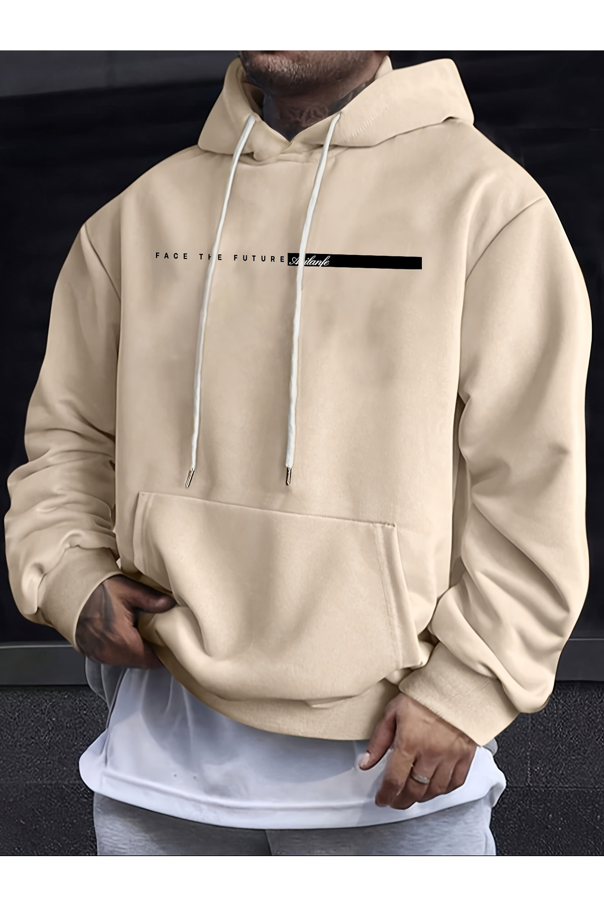 Unisex Oversize Kapüşonlu Sweatshirt Face The Future - Bej