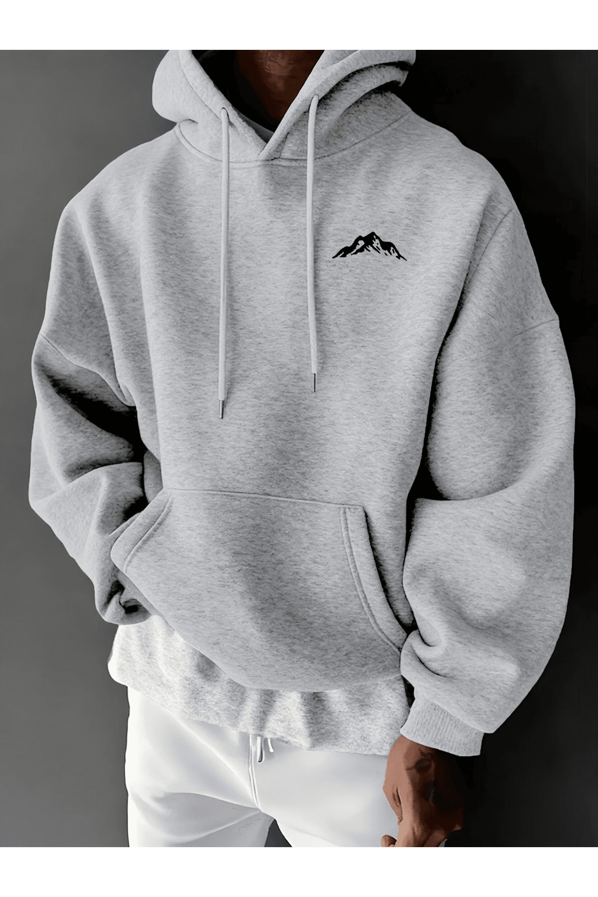 Unisex Oversize Kapüşonlu Sweatshirt Dağ Desenli - Gri