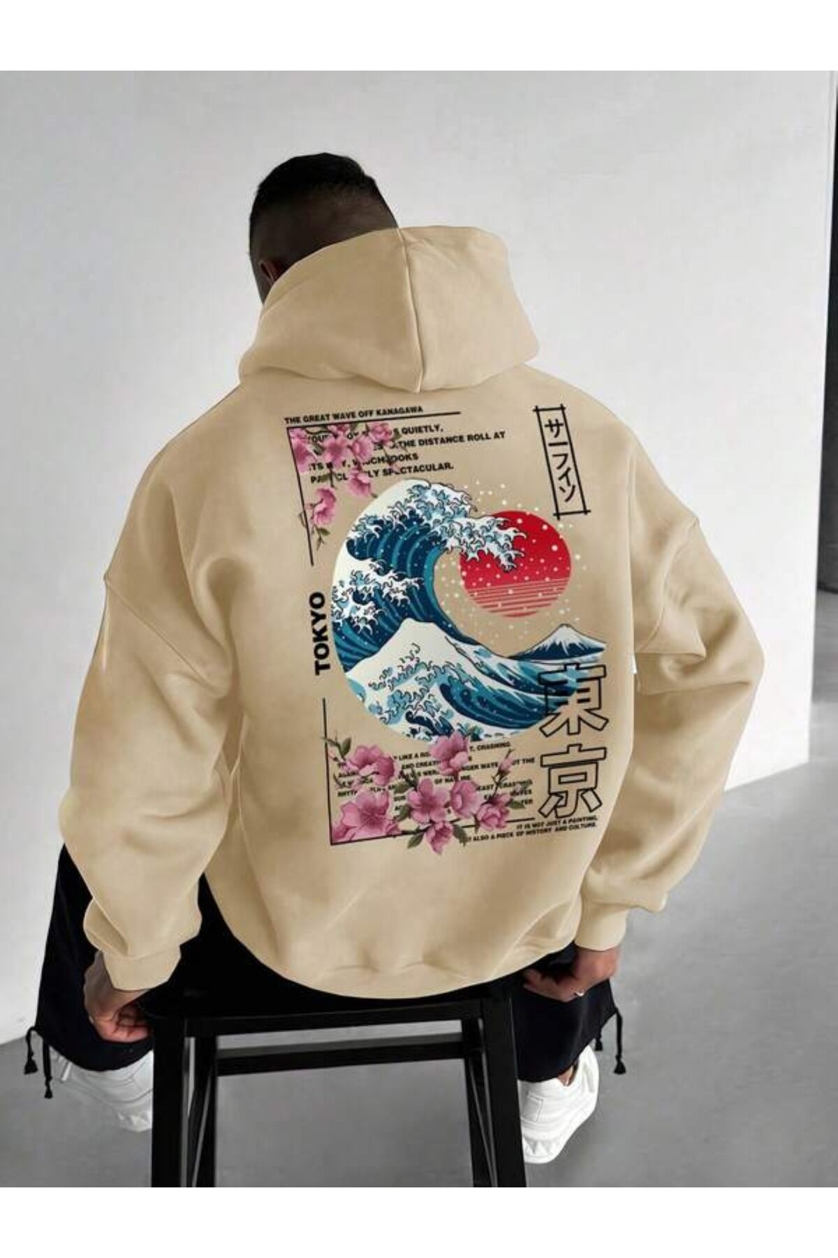 Japon Dalgası Baskılı Unisex Kapüşonlu Sweatshirt - Bej