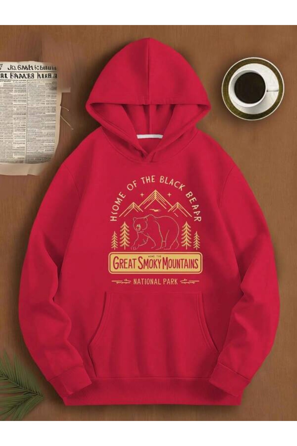Great Smoky Mountains Ayı Baskılı Unisex Kapüşonlu Sweatshirt - Kırmızı