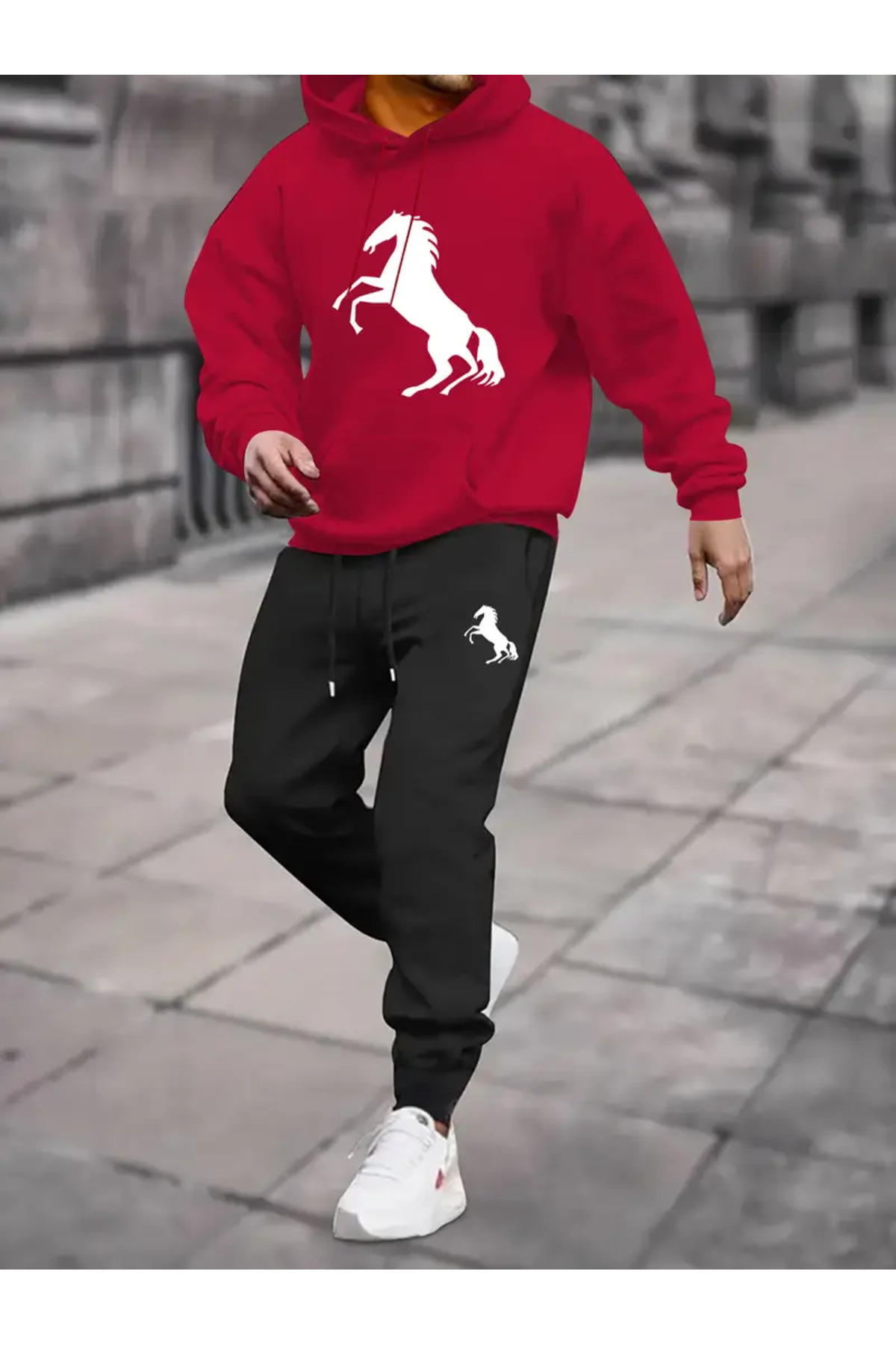 At Şekilli Baskılı Polar Astarlı Unisex Eşofman Takımı - Kırmızı