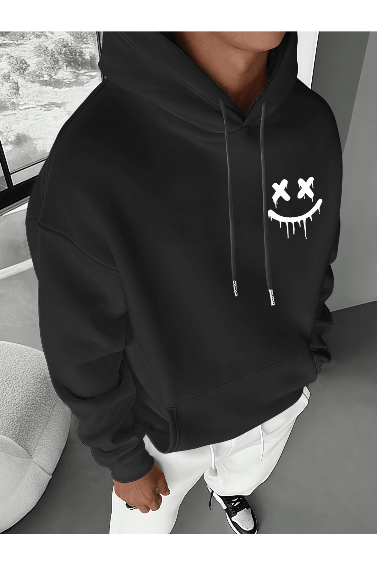 Unisex Oversize Kapüşonlu Sweatshirt Smile Face Desenli - Siyah