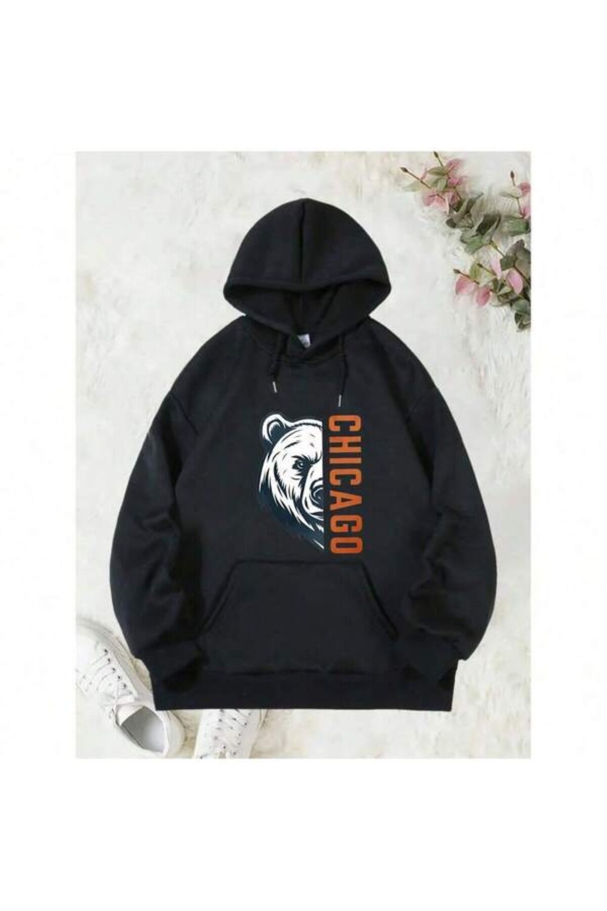 Chicago Bear Baskılı Unisex Hoodie - Siyah