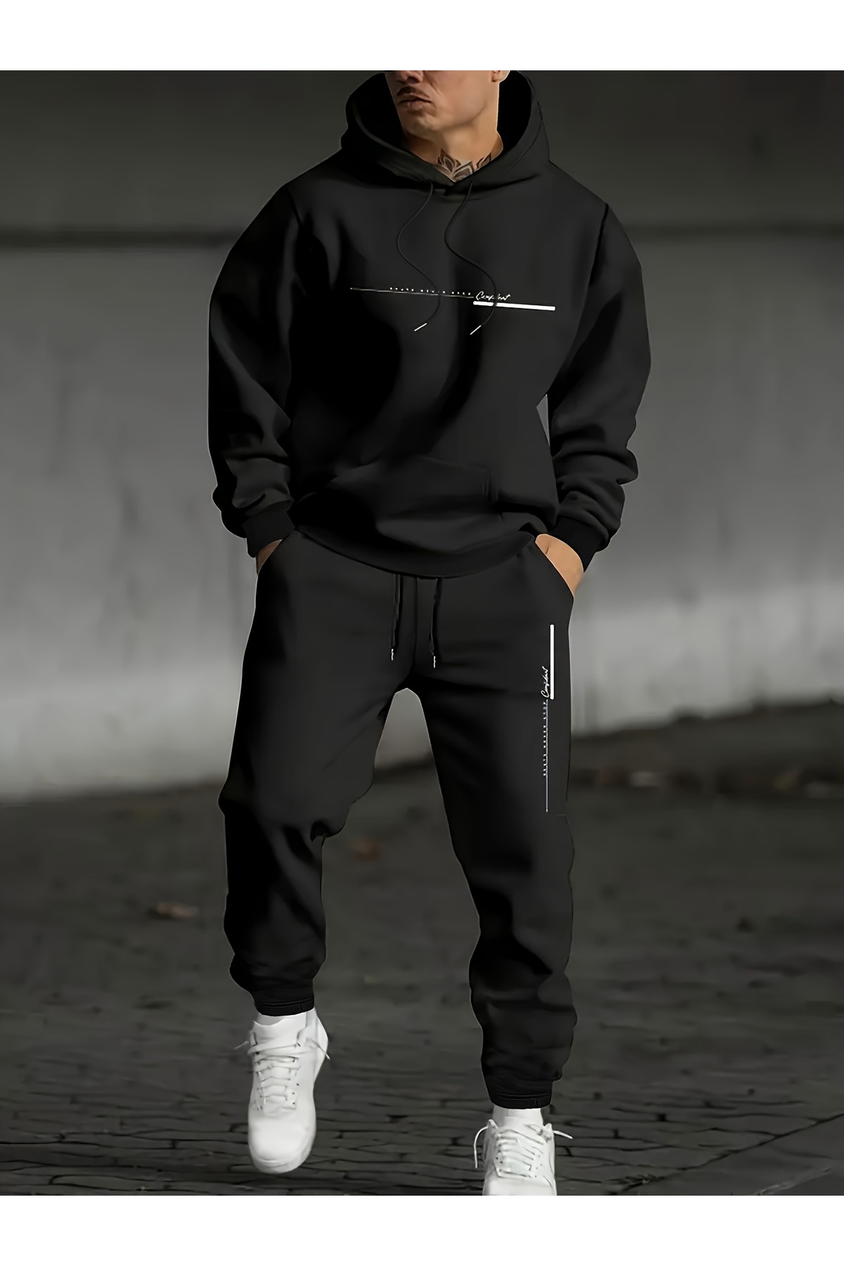 Asla Pes Etme Baskılı Erkek Oversize Hoodie & Jogger Eşofman Takım - Siyah
