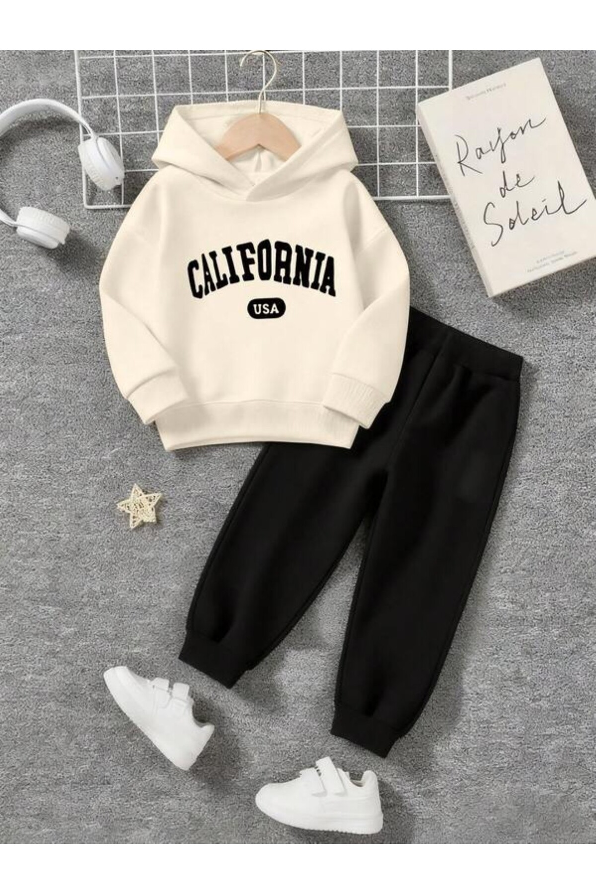 California USA Baskılı Unisex Eşofman Takımı - Bej