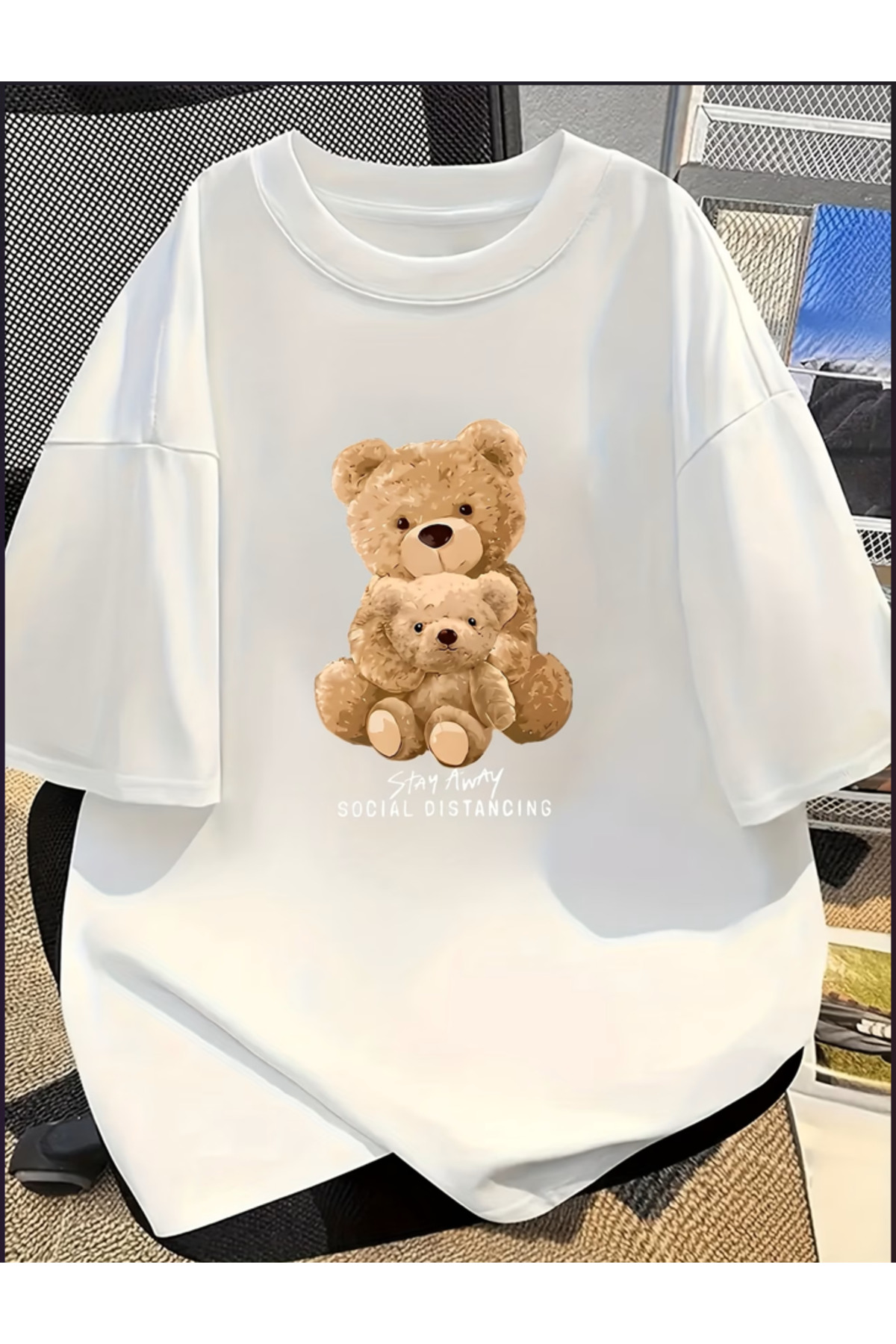 AYI Baskılı Oversize Bisiklet Yaka T-Shirt - Beyaz