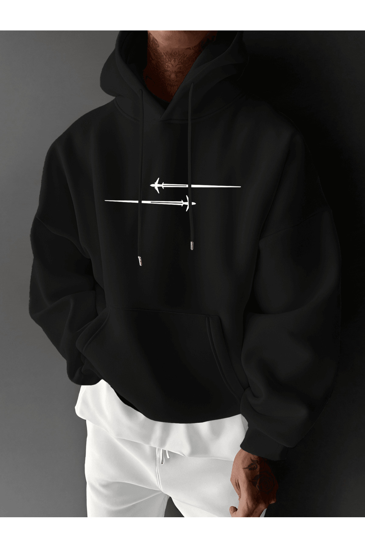 Unisex Oversize Kapüşonlu Sweatshirt Uçak Desenli - Siyah