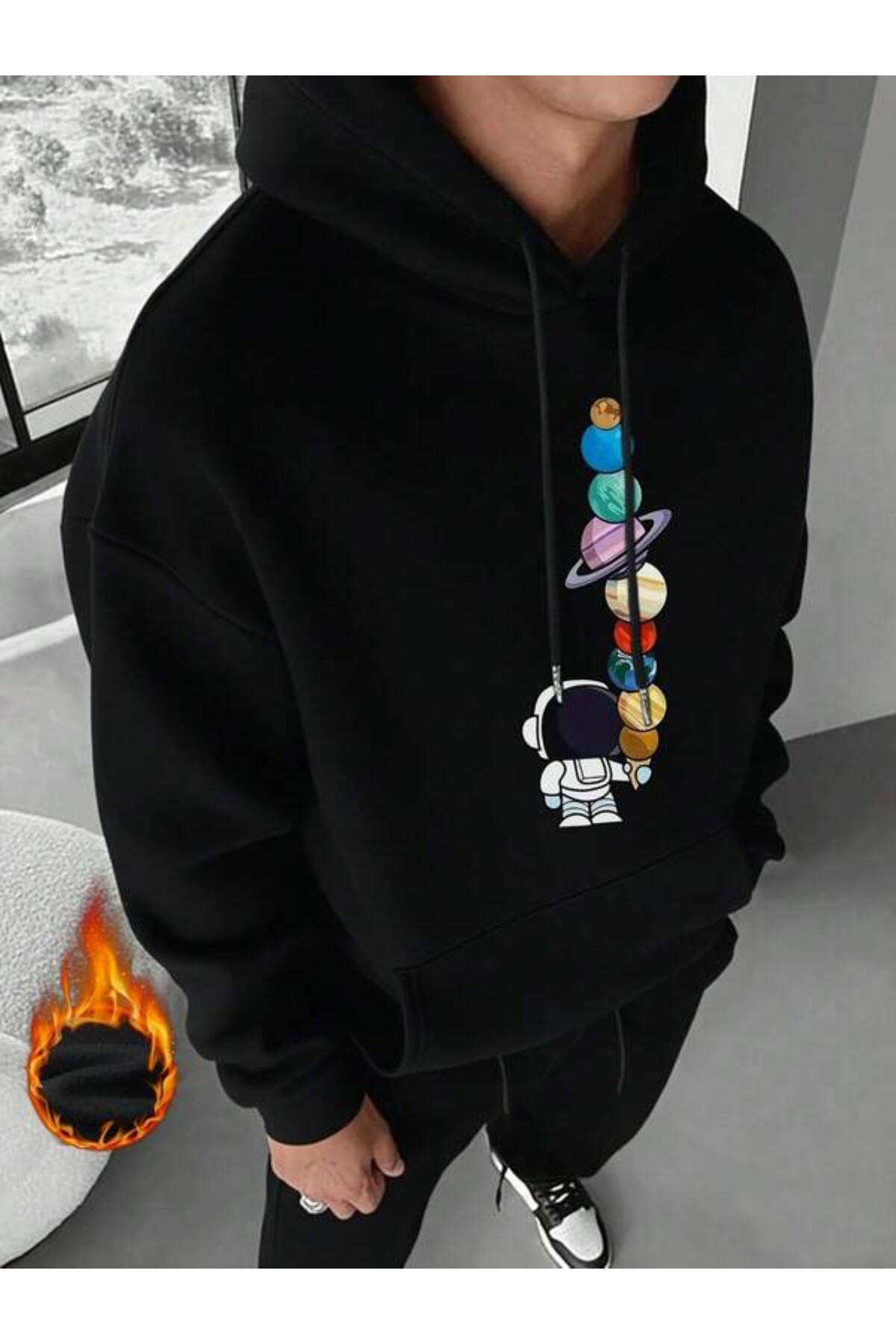 Astronot Gezegen Baskılı Unisex Hoodie - Siyah