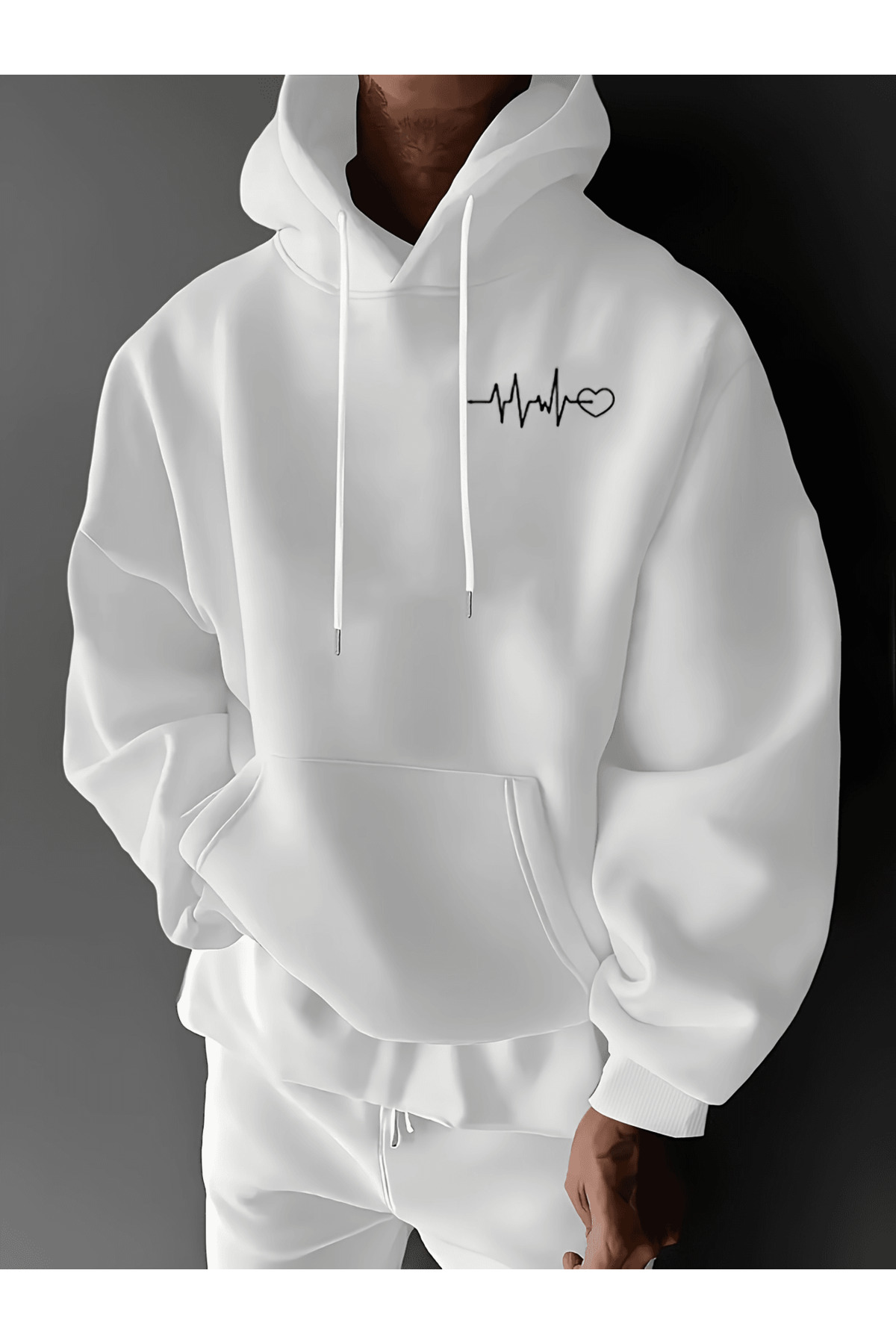 Unisex Oversize Kapüşonlu Sweatshirt Kalp Ritmi Desenli - Beyaz