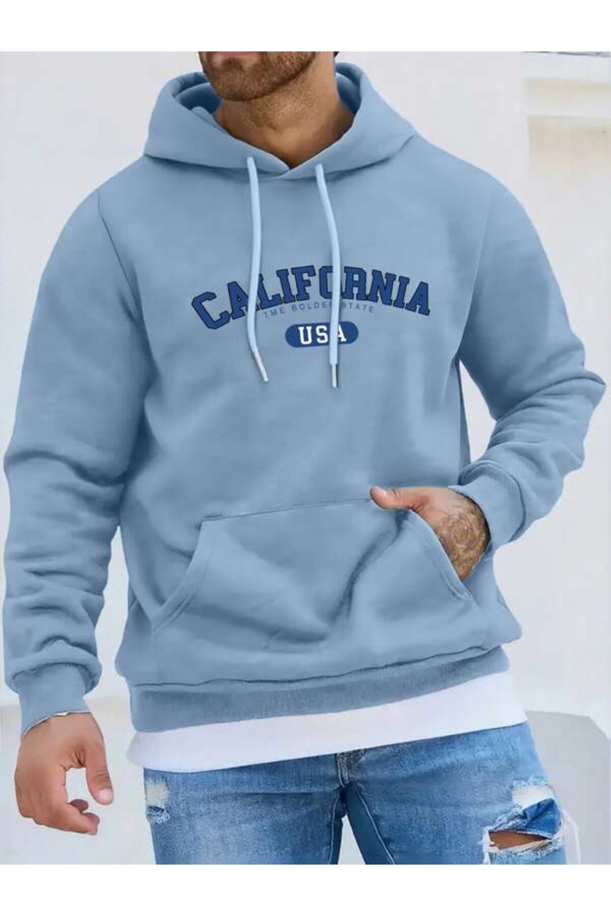 California USA Baskılı Unisex Kapüşonlu Sweatshirt - Mavi