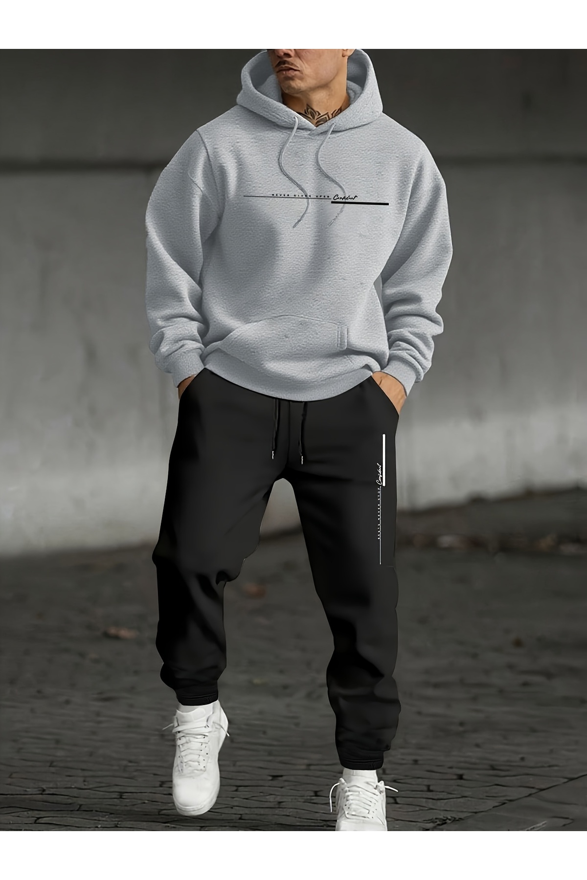 Asla Pes Etme Baskılı Erkek Oversize Hoodie & Jogger Eşofman Takım - Gri ve Siyah