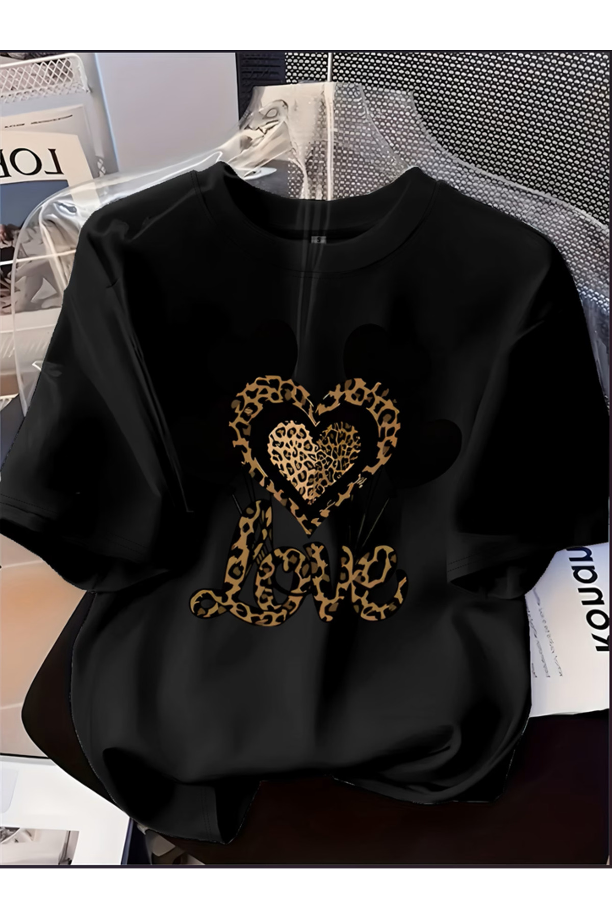 LOVE Baskılı Oversize Bisiklet Yaka T-Shirt - Siyah
