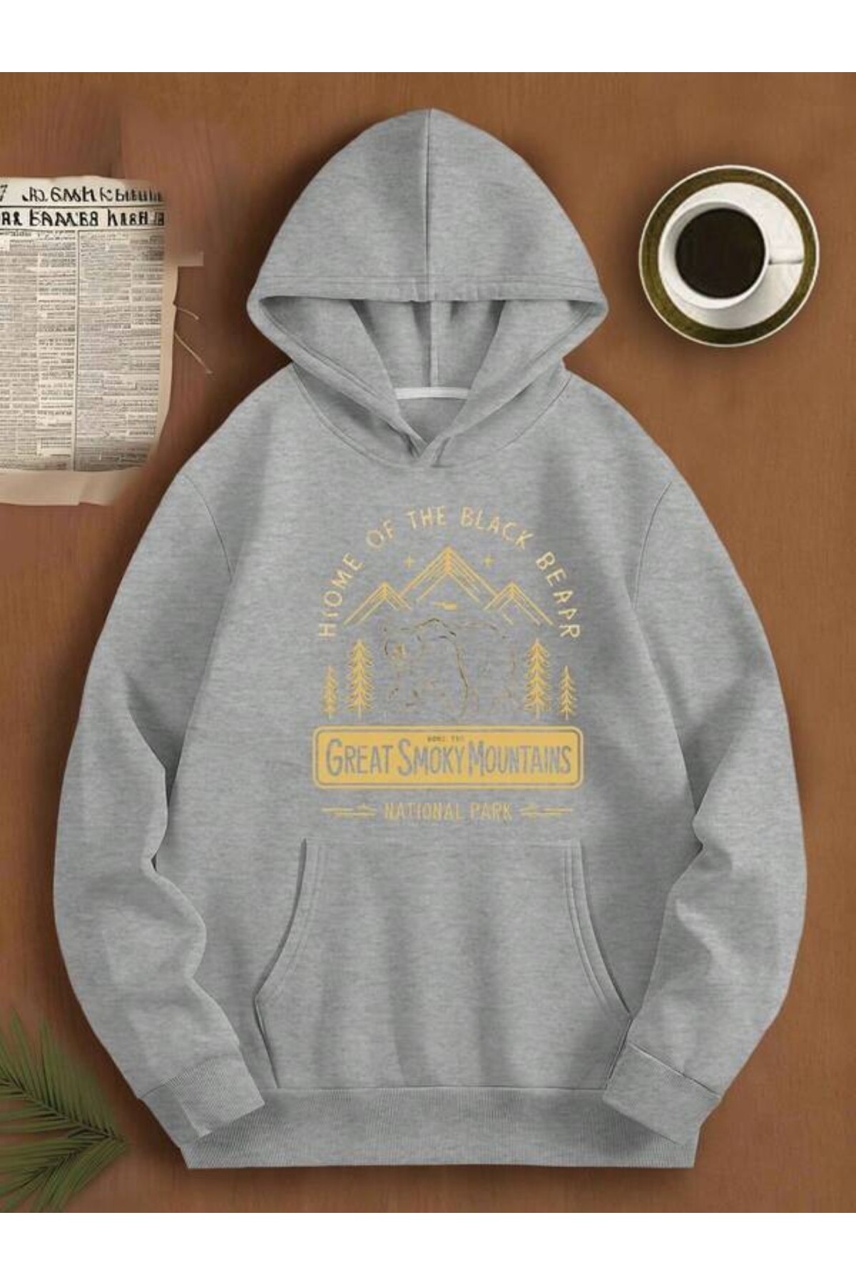 Great Smoky Mountains Ayı Baskılı Unisex Kapüşonlu Sweatshirt - Gri
