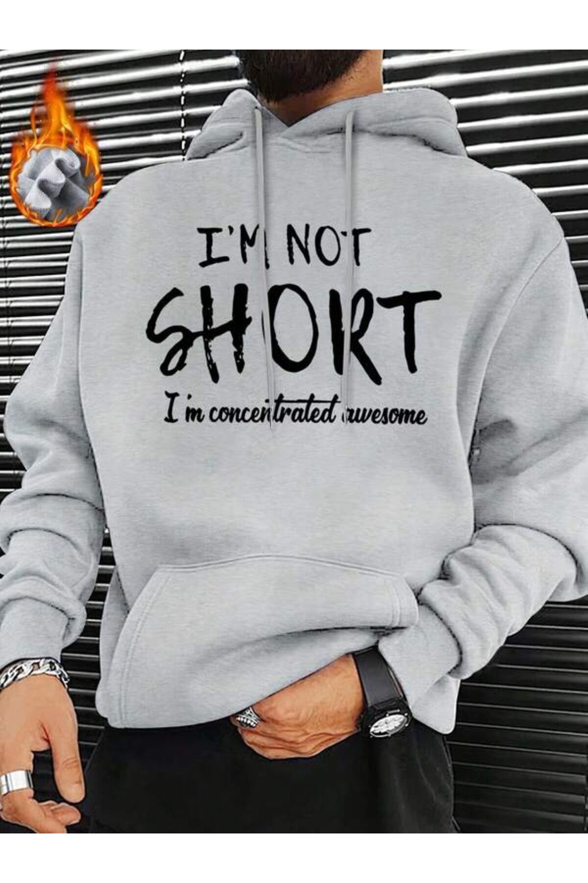 Kısa Değilim Yazı Baskılı Unisex Kapüşonlu Sweatshirt - Gri