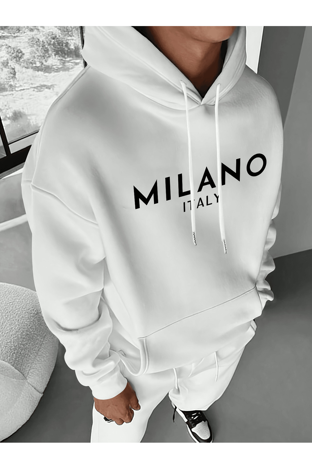 Unisex Oversize Kapüşonlu Sweatshirt Milano Italy Yazılı - Beyaz