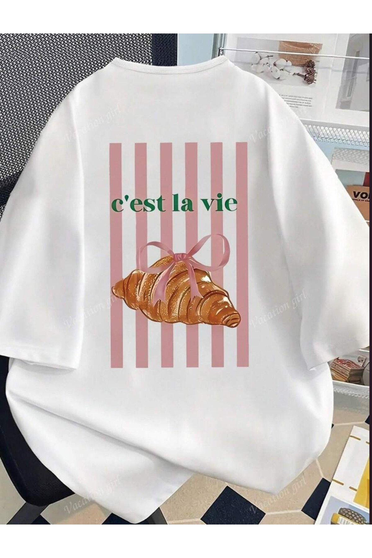 CHERRY Özel Baskılı Oversize Bisiklet Yaka T-Shirt - Beyaz