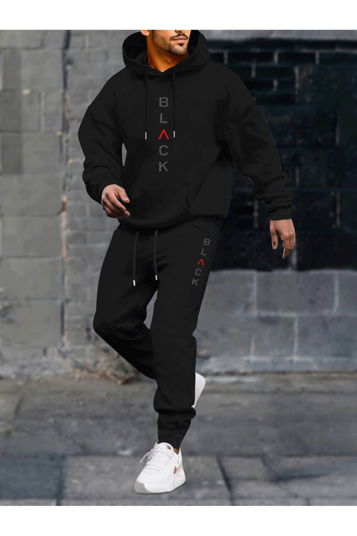Unisex Oversize BLACK Yazılı Hoodie & Jogger Eşofman Altı Takımı - Siyah