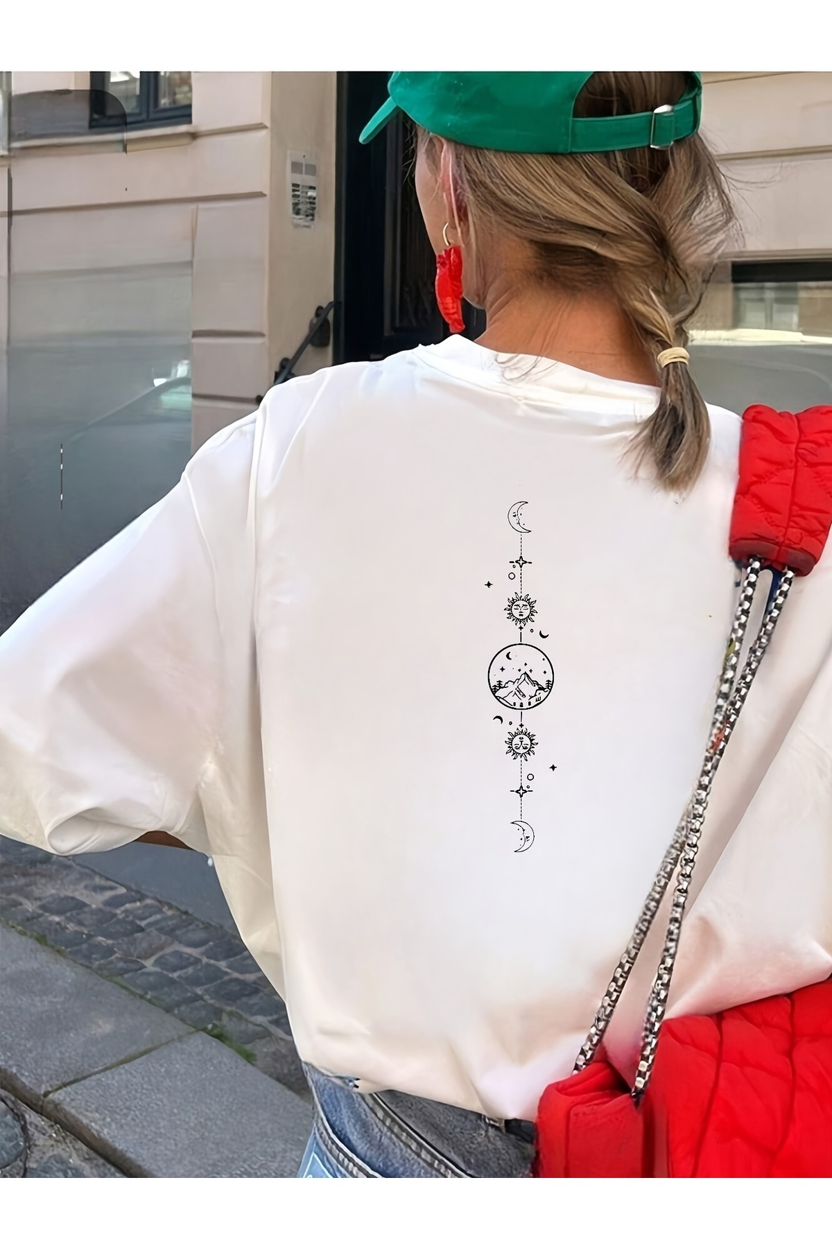Unisex Oversize Tişört Astro Dağ Desenli (Sırt Baskılı) - Beyaz