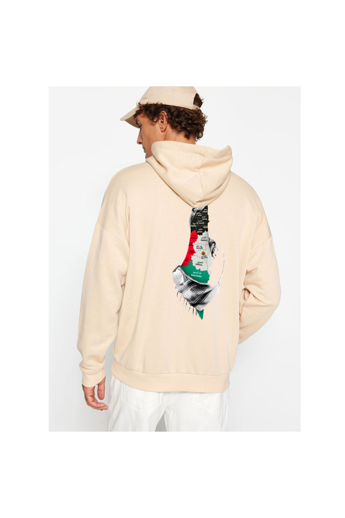 Unisex Sweatshirt – Filistin Haritası Tasarımlı , Kapüşonlu , Günlük ve Sokak Stili - Bej