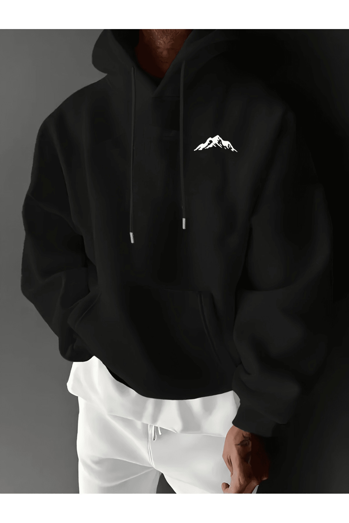 Unisex Oversize Kapüşonlu Sweatshirt Dağ Desenli - Siyah