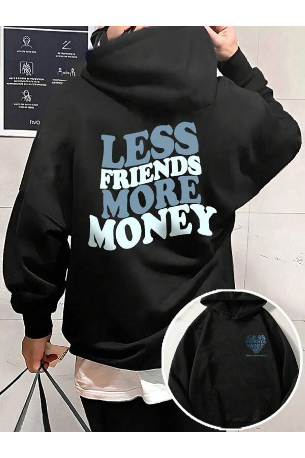 Less Friends More Money Yazı Baskılı Unisex Kapüşonlu Sweatshirt - Siyah