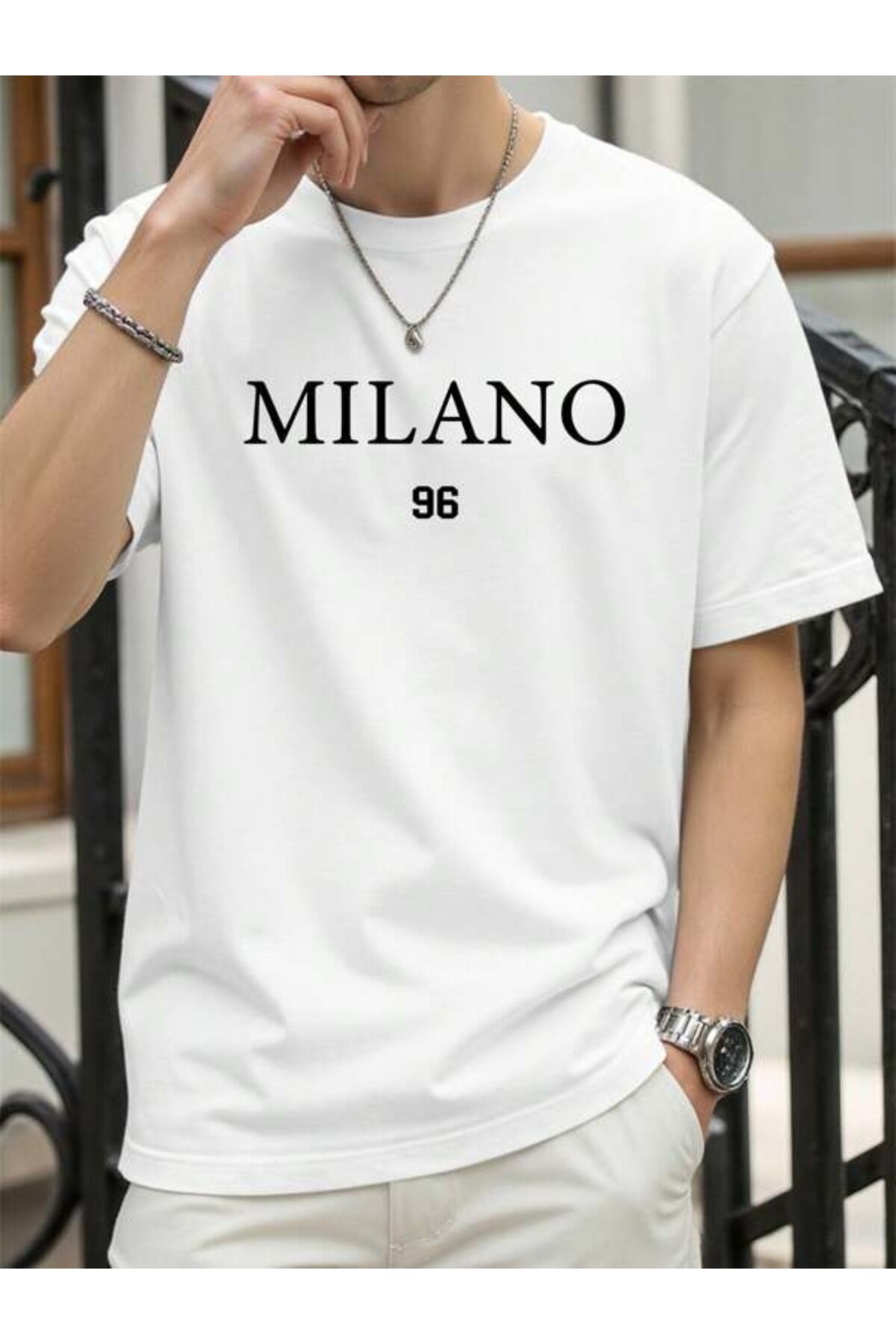 Milano 96 Baskılı Unisex Tişört - Beyaz