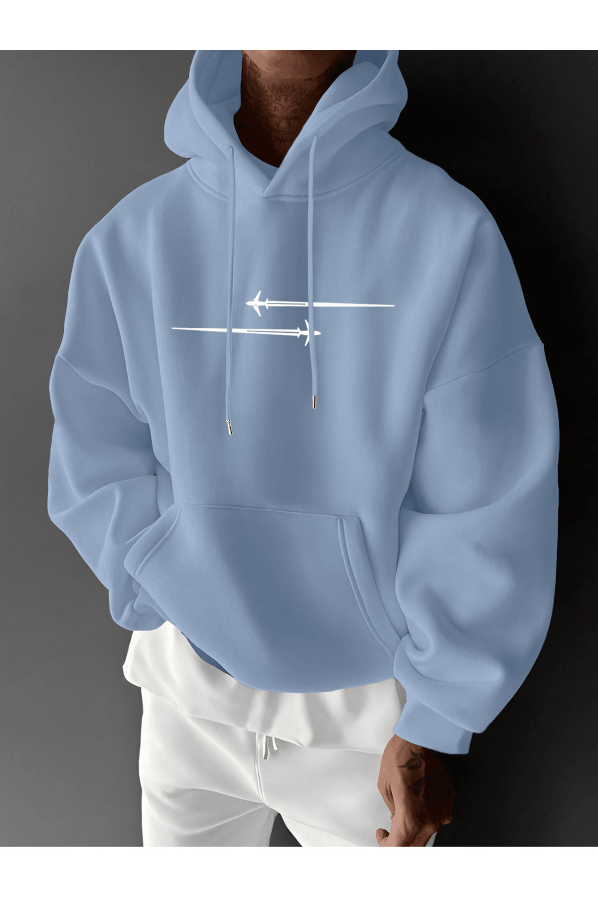 Unisex Oversize Kapüşonlu Sweatshirt Uçak Desenli - Mavi